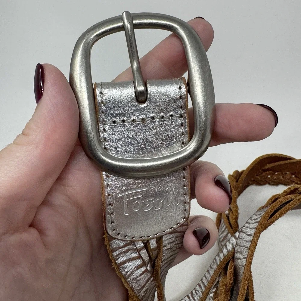Fossil Womens Silver Metallic‎ Braided Leather Belt Size Large Boho Genuine
